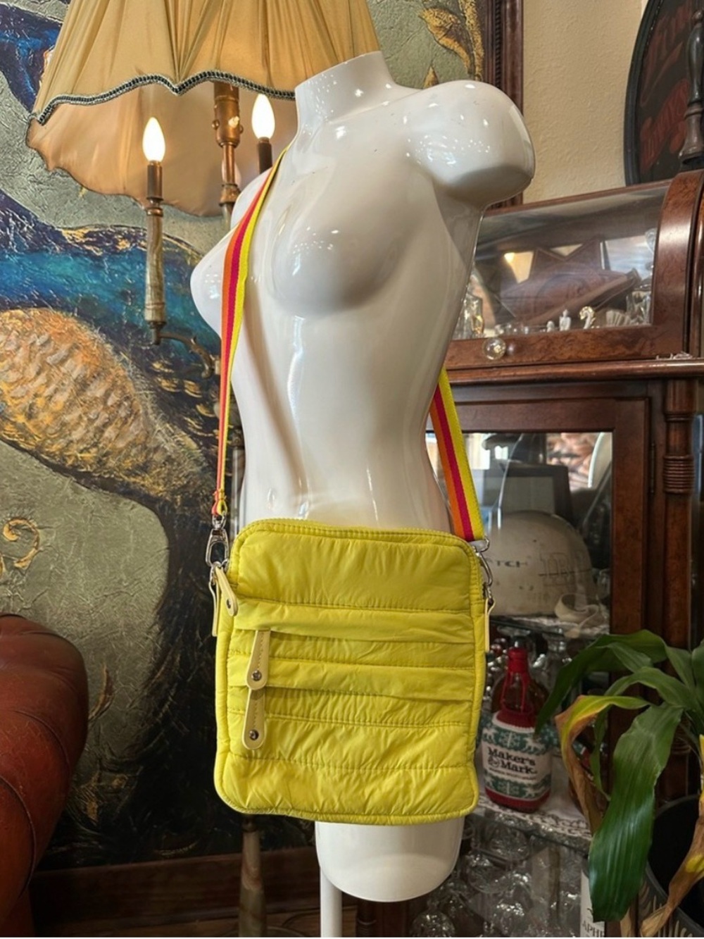 Sondra Roberts Yellow Quilted Crossbody Bag with Striped Strap